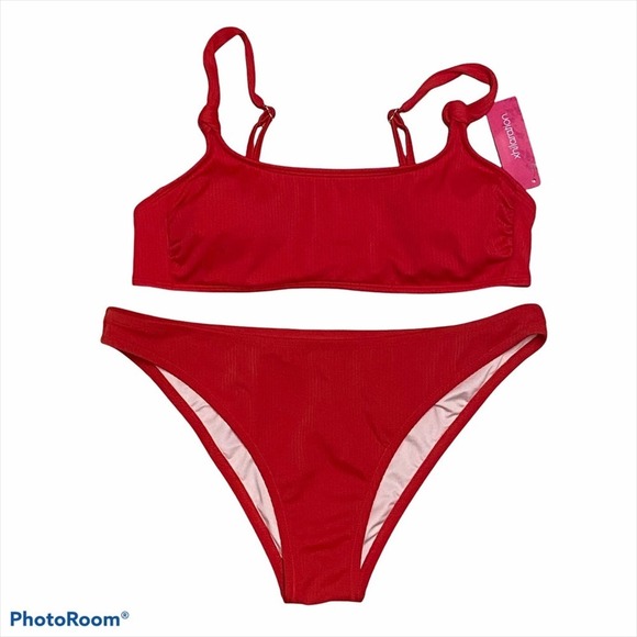 Xhiliration Red Ribbed Square Neck Bikini NWT L - Picture 1 of 4